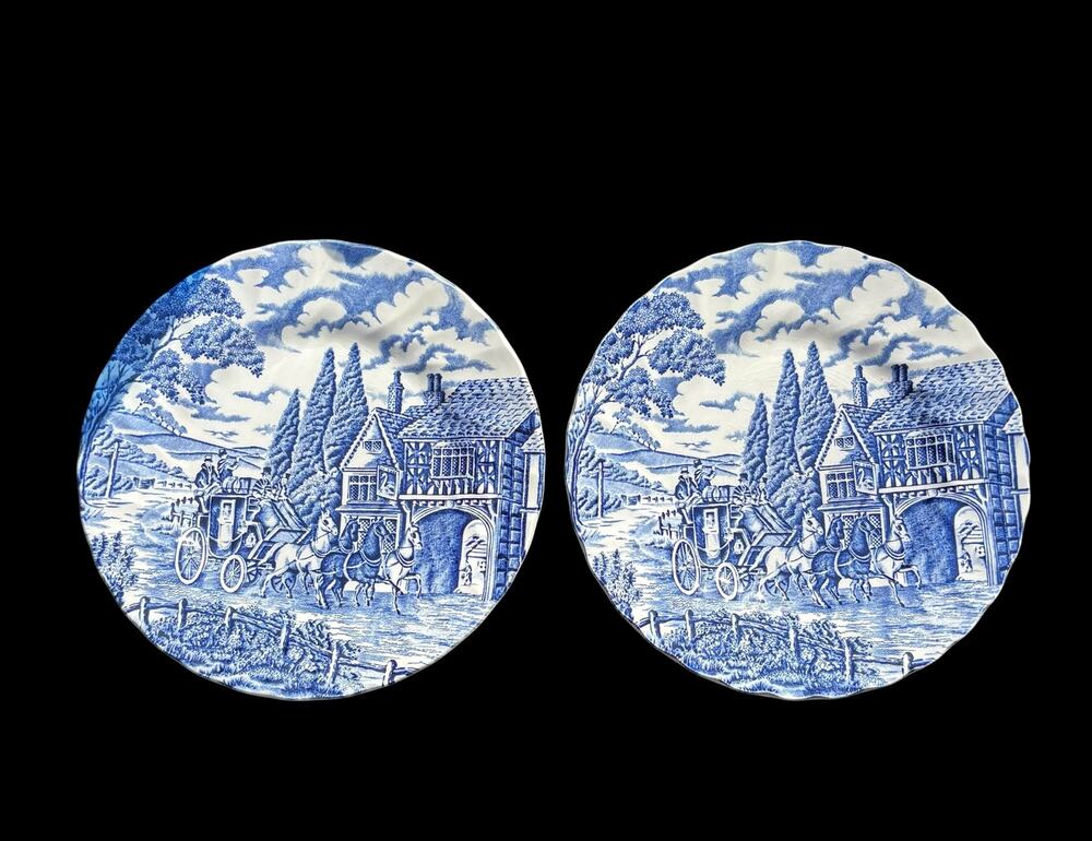 Myott Staffordshire Blue & White Transferware Plates Coaching Scene England (2)